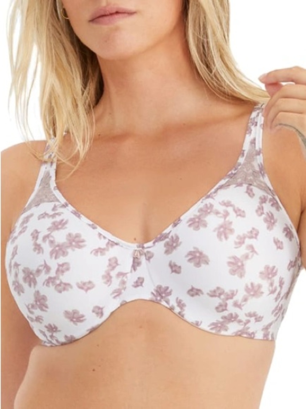 Bali Minimizer Bra 42DD White Mauve Floral Lace Underwire Comfort Strap NWT